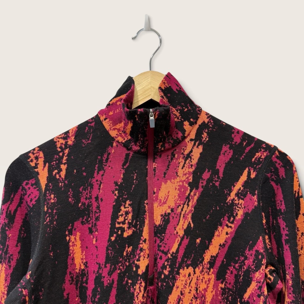 Icebreaker 250 Merino Wool Base Layer 1/4 Zip Top Pink Orange Abstract Womens M - Picture 2 of 10